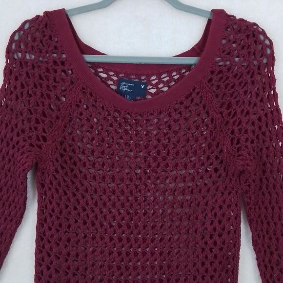 American Eagle‎ Open Knit Crocheted Sweater Size S Burgundy 100% Cotton - Picture 3 of 9